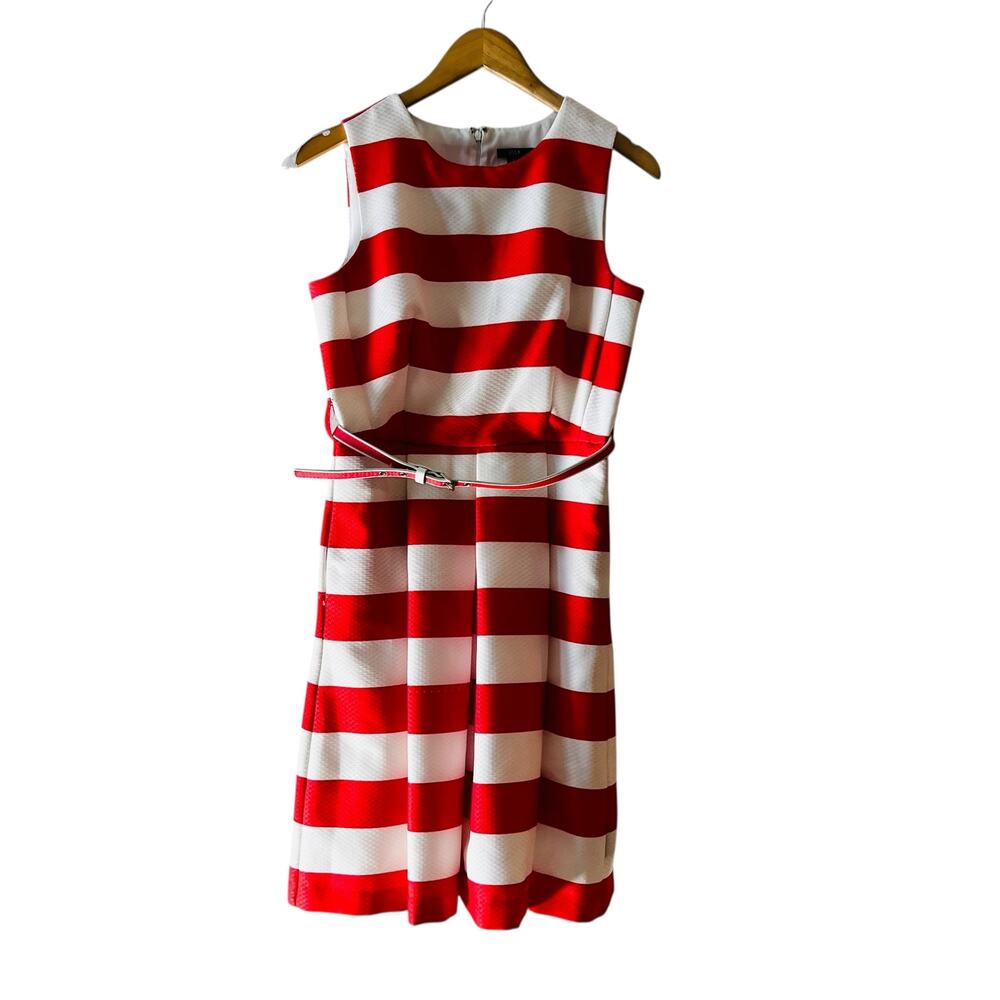 R&K Red and White Striped Sleeveless Midi Dress with Slim Belt